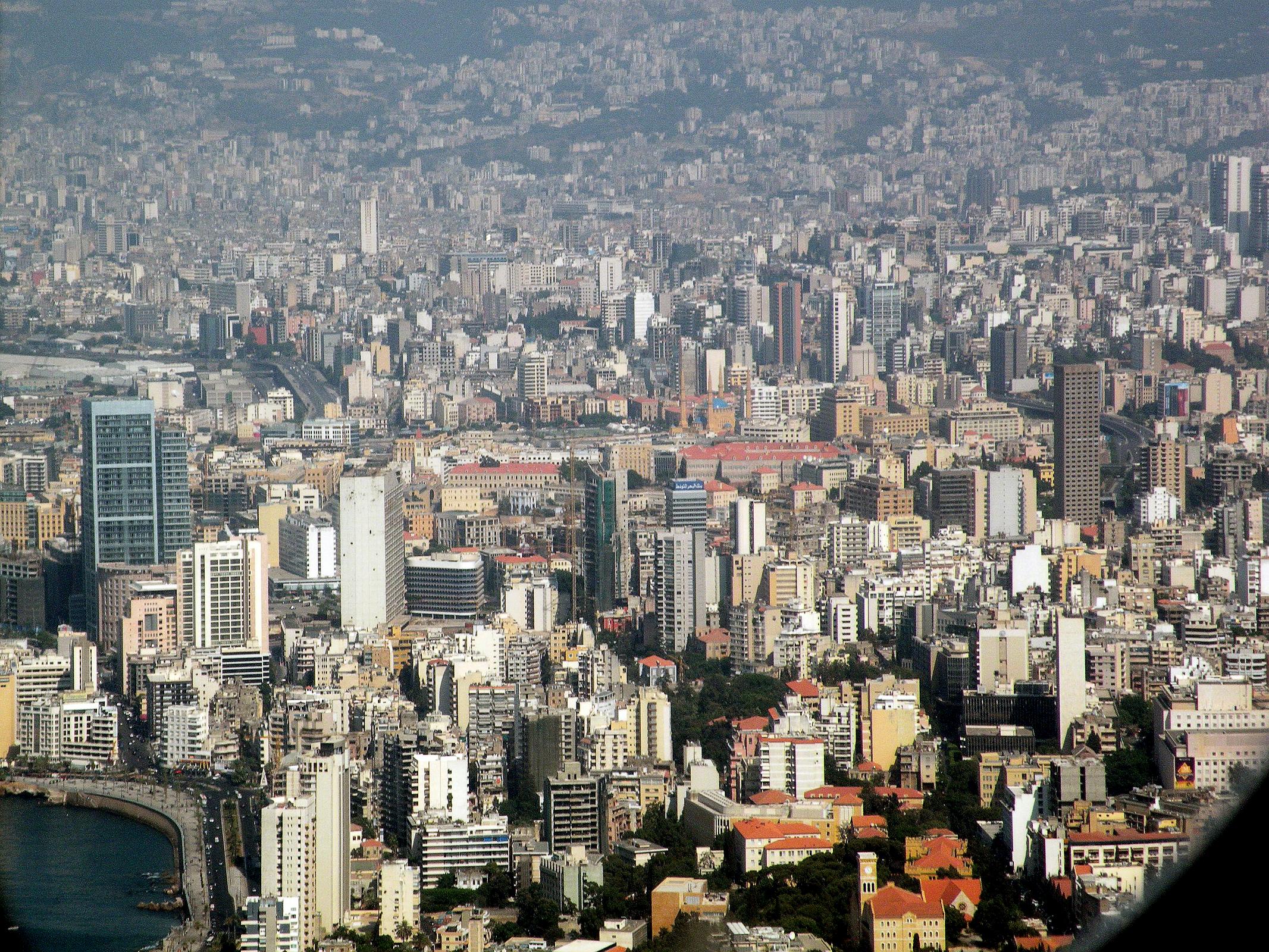 Beirut 01 View Of Downtown From Airplane Includes Platinum Tower, Holiday Inn, Al Amin Mosque, Grand Serail, AUB, Al Murr Tower 